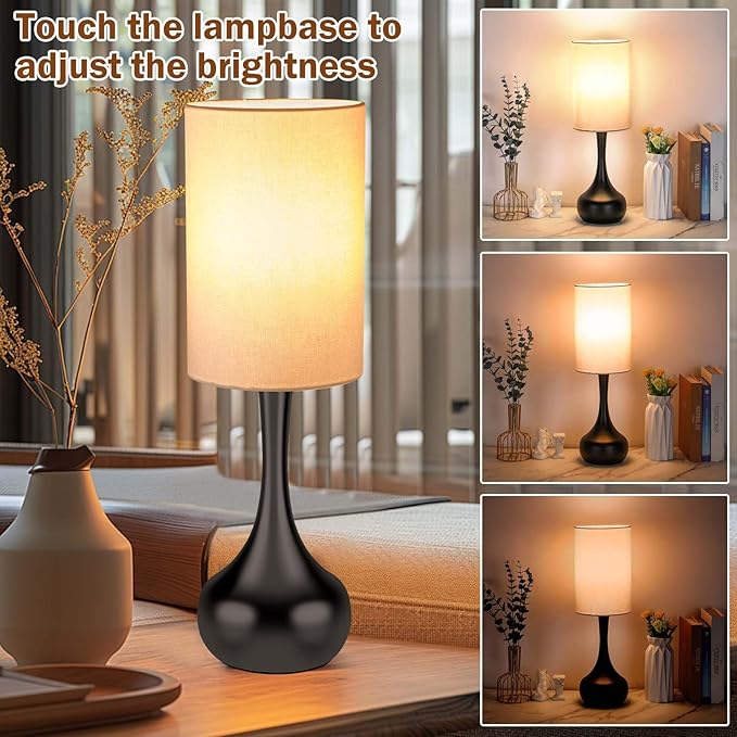 Mid Century Modern Droplet Table Lamp,Touch Control & 3-Way Dimmable,No Assembly Required Cylinder Shade,Black Vintage Farmhouse Bedside Lamp for Bedroom,Nightstand,Living Room,Office