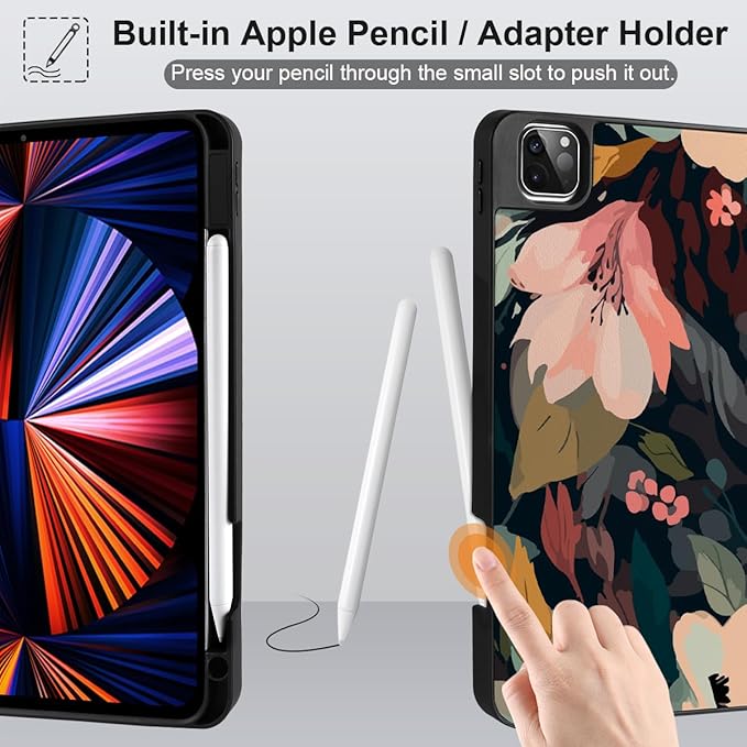 DONGKE Case for 2022/2021/2020/2018 iPad Pro 11 inch Gen 4/3/2/1 - Slim Protective Case - Built in Pencil Holder Support Charging - Trifold Stand & Sleep/Wake Cover - Painted Florals