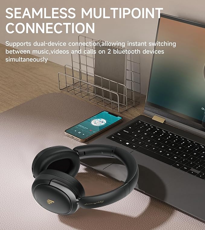 Atom Max Hybrid Active Noise Cancelling Over-Ear Headphones - Hi-Res Audio with Microphone, Volume Control, 45H Playtime, Fast Charging, Bluetooth 5.4, App Customization, Foldable Headset, Black