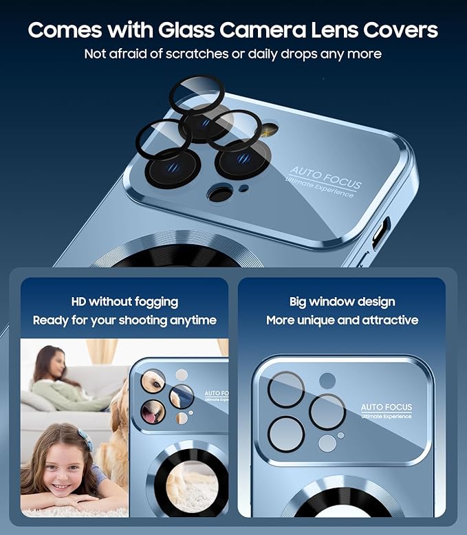 MAKAVO Magnetic for iPhone 12 Pro Max Case, Compatible with MagSafe, Built-in Camera Lens Protector, Logo View, Military Grade Drop Proof Phone Case Cover, Sierra Blue