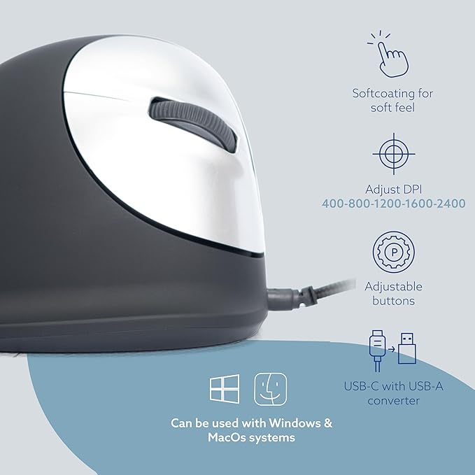 R-Go HE Ergonomic Mouse, with Break Software, USB-C Wired (with USB A Converter), Vertical Design, Anti Carpal Tunnel, Silent Click, Customisable Buttons, Compatible for Windows/Mac OS, Black/Silver