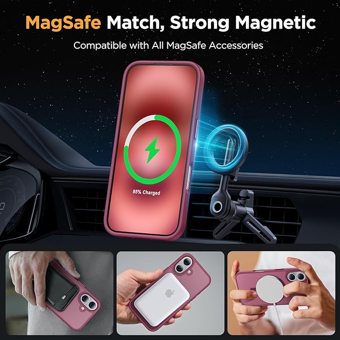 Miracase Magnetic for iPhone 17 Case (Compatible with MagSafe) with Screen Protector Military-Grade Protection, Anti-Fingerprint Translucent Matte Phone Cover for iPhone 17 6.3 inch,Wine Red
