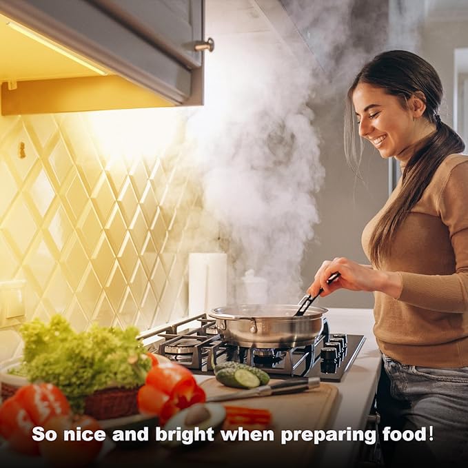 JUSJUBR Under Cabinet Lights Plug-in, 4 Pack x 12inch Warm White 3000K LED Under Cabinet Lighting, Dimmable Under Counter Lights with Memory Function, LED Light Bars for Kitchen Pantry Desk