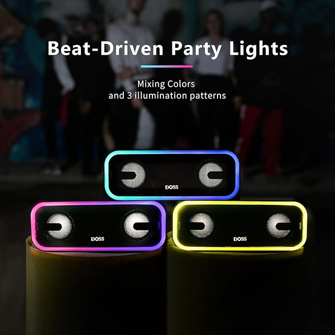 DOSS SoundBox Pro+ Bluetooth Speaker, Immersive 24W Stereo Sound with Booming Bass, IPX6 Waterproof, 15H Playtime, Mixed Colors Lights, Wireless for Backyard, Hiking, Garage, Party-Blue