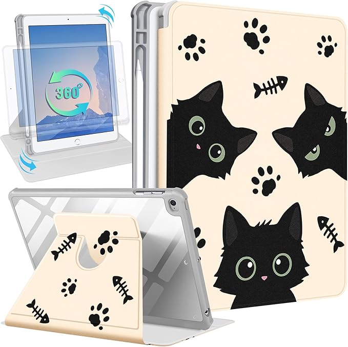 Uppuppy for iPad 5th/6th Generation Case for iPad Air 1st/Air 2nd/Pro 9.7 inch 2016 Case - 360 Degree Rotating Stand Folio Smart Cover with Pencil Holder for Women Girls, Black Cats for Apple Tablet