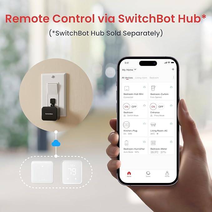SwitchBot Rechargeable Smart Switch Button Pusher (Bluetooth) – Fingerbot for Rocker/One-Way Buttons, App Timer Control, No Wiring, Optional Hub for Voice/Remote, Black