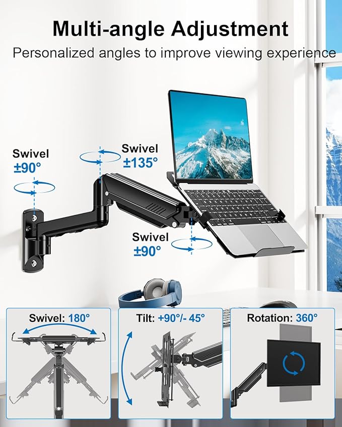 Laptop Wall Mount, 2-in-1 Monitor Wall Mount with Vented Tray fits Max 17" Notebook or 13-32" Computer Screen, Adjustable Laptop Arm Holds 4.4-22lbs, Gas Spring Laptop Holder Stand