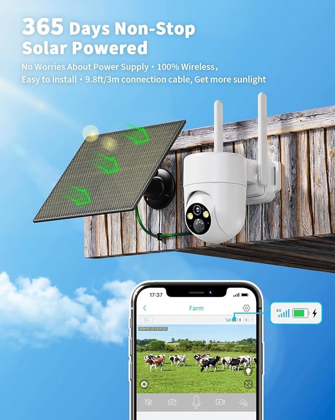 LIWAN Cellular Security Camera, No WiFi Security Camera, 4G LTE Solar Cameras Wireless Outdoor with SIM Card, 2K HD Color Night Vision, 360° Live View Off Grid Cam for Farm, Cabin, Construction Site