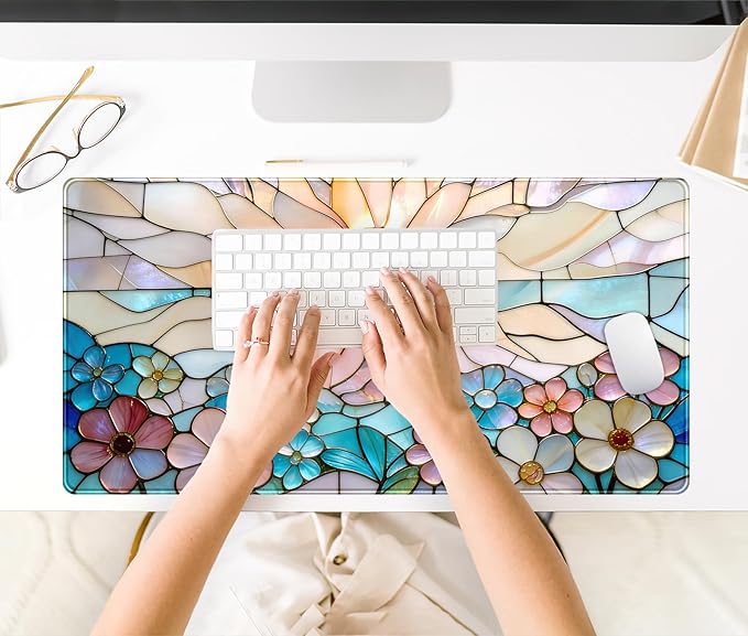 Stained Glass Desk Mat Large Mouse Pad Extended Desk Pad, Gaming Computer Mouse Mat XXL, Big Desktop Keyboard Mat, Full Desk Laptop Pad for Home Office Work, Desk Decor Aesthetic 31.5×15.7 Inch