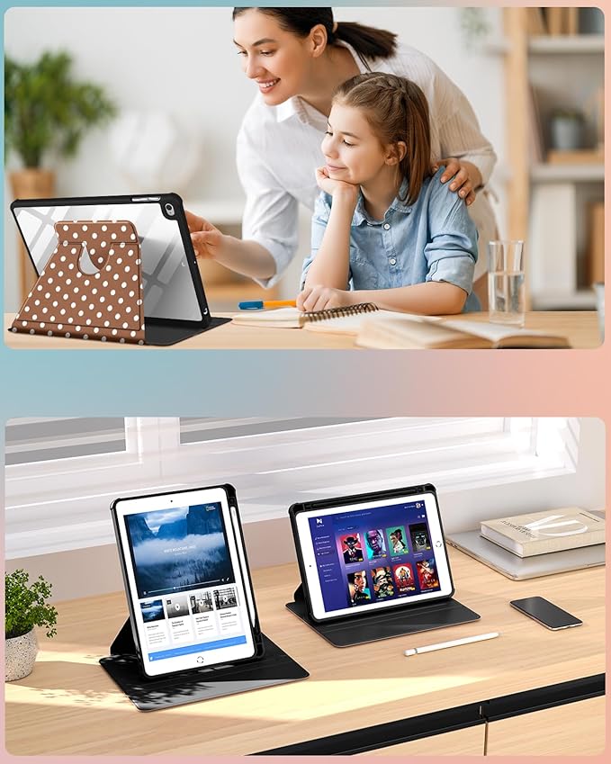 Uppuppy for iPad 5th/6th Generation Case for iPad Air 1st/Air 2nd/Pro 9.7 inch 2016 Case - 360 Degree Rotating Stand Folio Smart Cover with Pencil Holder for Women Girls, Brown Polka for Apple Tablet