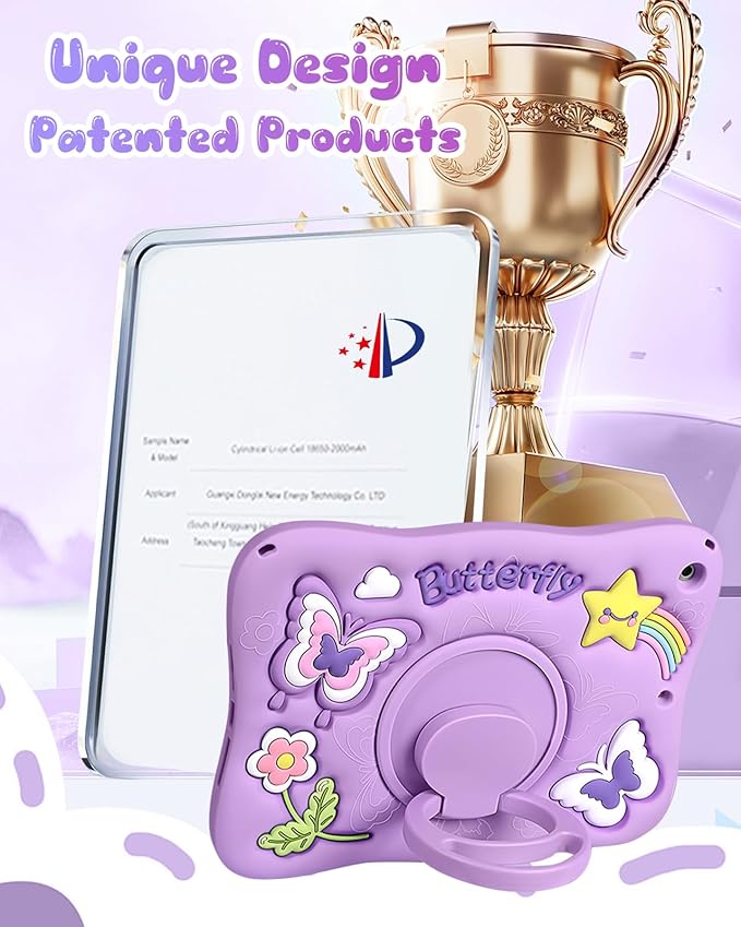 Kidcube for iPad 9th/8th/7th Generation Case 10.2 Inch - for Girls Cute Kawaii Girly 3D Purple Butterfly Design Cover with Rotating Stand & Strap Unique Silicone Women Teens for iPad 9th/8th/7th Case