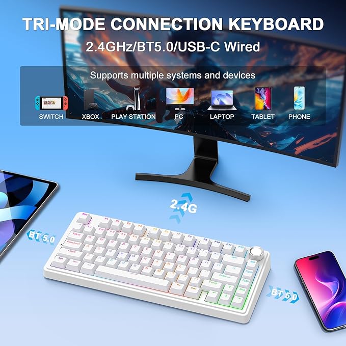 AULA F75 - 75% Mechanical Keyboard, Wireless Gaming keyboard BT5.0/2.4GHz/USB-C, Hot Swappable Custom Pre-lubed Switches with Knob, RGB Backlit Shine-Through PBT Keycaps Creamy Sounding Keyboard