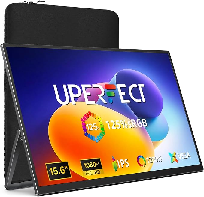 UPERFECT Portable Monitor 15.6", 125% sRGB Ultra-Slim Laptop Monitor with Protective Sleeve, Built-in Adjustment Stand | Speaker | VESA, HDMI USB-C Plug & Play Second Screen for Phone Game Console