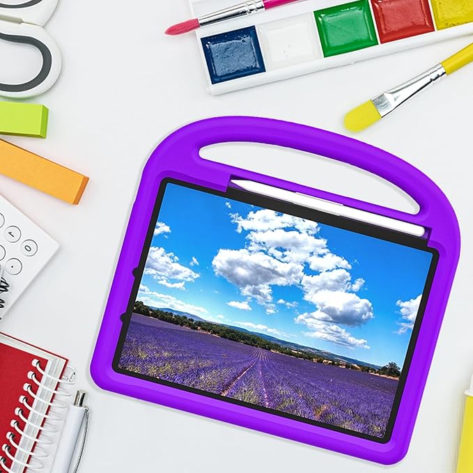 Kids Case for Apple iPad Air 11 inch M3/M2 & iPad Pro 11 inch M5/M4 (2025/2024) with Pencil Holder/Handle/Kickstand Lightweight Soft EVA Foam Shockproof Stand Girls Boys Cover, Purple Bird