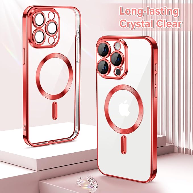 Hython Magnetic Clear for iPhone 15 Pro Case with Camera Lens Protector [Compatible with MagSafe] Luxury Plating Edge Slim Soft TPU Cover Protective Phone Case for iPhone 15 Pro 6.1", Red