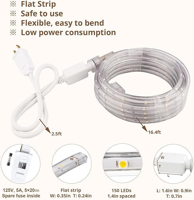 LED Rope Lights, 16.4 Feet Red Flat Flexible Strip Light, Plug in Novelty Lighting, Connectable and Waterproof for Home Christmas Holiday Garden Patio Party Decoration