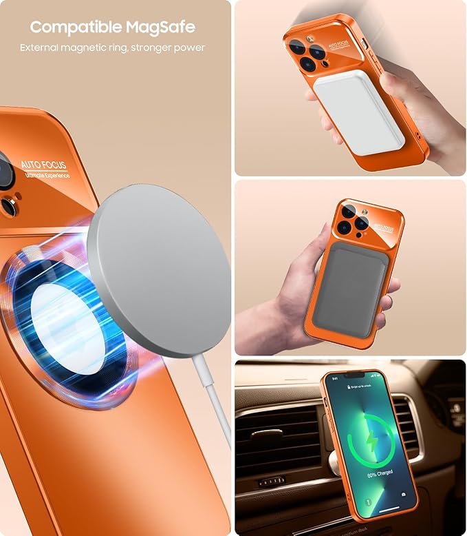 MAKAVO Magnetic for iPhone 13 Pro Max Case, Compatible with MagSafe, Built-in Camera Lens Protector, Logo View, Military Grade Drop Proof Phone Case Cover, Orange