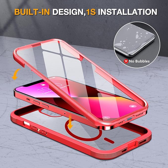 Miracase for iPhone 13 mini Case 5.4",Full-Body Protection,Clear Bumper Case with Built-in 9H Tempered Glass Screen Protector,Military-Grade Drop Protection Outdoor Phone Case for iPhone 13 mini,Red