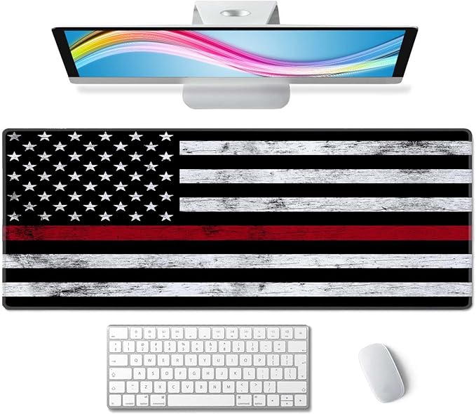Thin Red Line with USA Flag Large Gaming Mouse Pad for Desk, Desk Mat with Seamed Edges, Waterproof Desk Pad, Non-Slip Rubber Base, 31.5x11.8 Inch Keyboard Pad Computer Mat, Big XL Mousepad