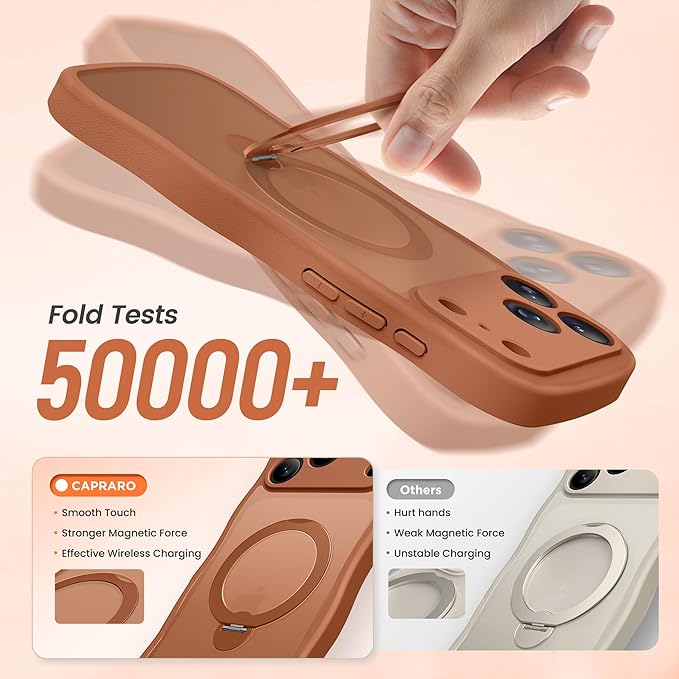 CAPRARO for iPhone 17 Pro Case with 360° Spin Magnetic Stand for Women, [Compatible with MagSafe] [Full Camera Protection] Cute Wave Translucent Matte Case for iPhone 17 Pro, Cosmic Orange