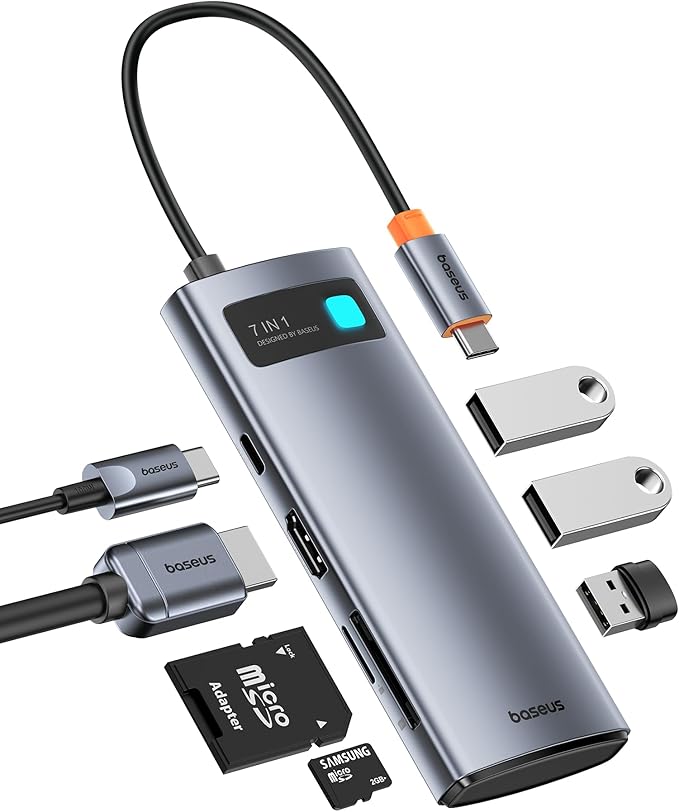 Baseus USB C to HDMI Adapter, 4K@60Hz USB C Docking Station, 7 in 1 USB C Hub with 3 USB-A, PD 100W, TF/SD Card Reader, Compatible for iPhone 15/Mac/Dell/Acer/HP/ASUS/Steam Deck/Rog Ally