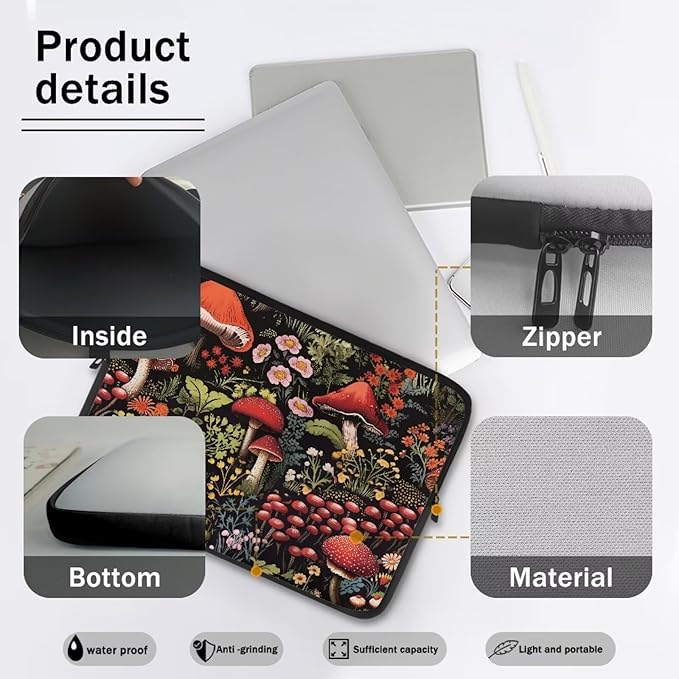 Mushroom Laptop Protective Sleeve for Women Men 17 inch Flower Computer Sleeve Neoprene Laptop Bag Lightweight Lap Top Case Suitable for Travel School Office Organizers Black