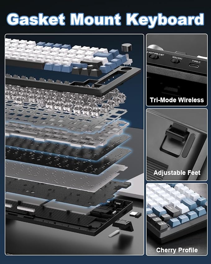 Y75 Gasket Wireless Mechanical Keyboard,75% Hot-Swappable with Knob, Tri-Mode,Creamy Pre-lubed Milk Linear Switches & Doubleshot PBT Keycaps, RGB, Win/Mac (Black & Blue)