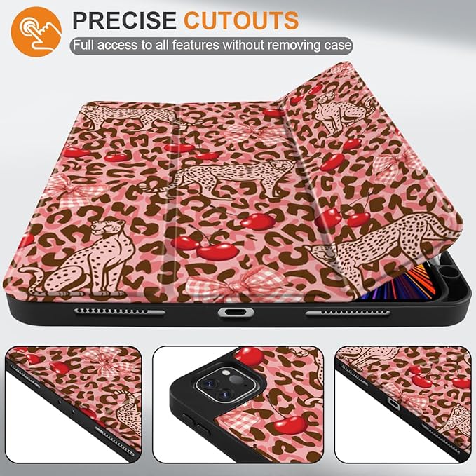 DONGKE Case for 2022/2021/2020/2018 iPad Pro 11 inch Gen 4/3/2/1 - Slim Protective Case - Built in Pencil Holder Support Charging - Trifold Stand & Sleep/Wake Cover- Cheetah Bow