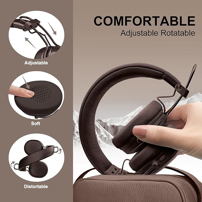 Active Noise Cancellation Wireless Bluetooth On-Ear Headphones:with - Hi Res Sound Up to 55H Battery Life, Lightweight, Comfortable, Foldable Design, for Home Office Travel, Dark Brown