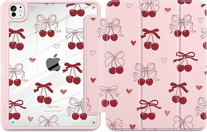 TWOLSKOO Case for iPad Pro 11-inch (M5 2025 / M4 2024), Clear Acrylic Back with TPU Bumper, Pencil Holder, Trifold Stand, Auto Sleep/Wake, Bows & Hearts