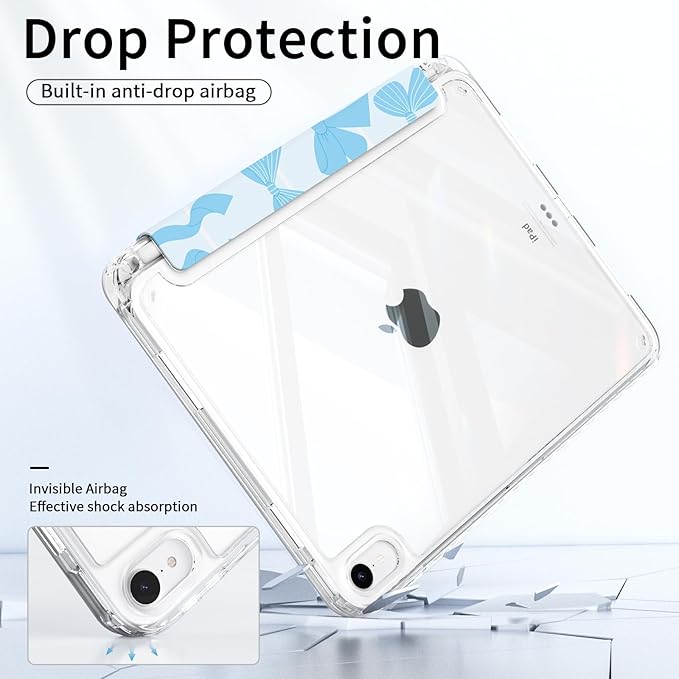 Clear Case for iPad Pro 11-inch M5 (2025), iPad Pro 11 M4 (2024) Case with Pencil Holder, Trifold Sturdy Stand, Transparent Shockproof Back Cover Protection, Blue Bows