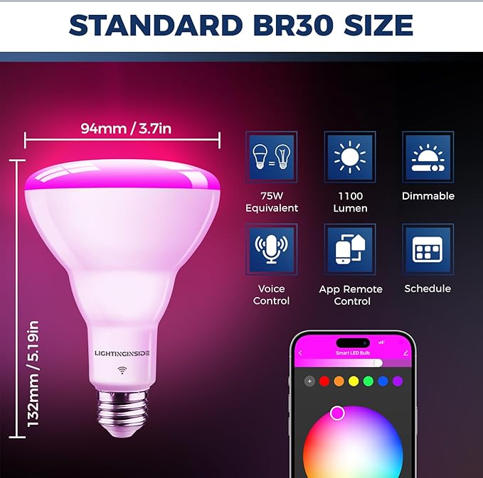 Lightinginside Smart Light Bulb 75W Equivalent, 1100LM 12W RGBCW BR30 E26 Bulb Works with Alexa/Google Home/SmartLife, 2.4G WiFi Bluetooth Recessed Flood LED Bulbs, No Hub Required, ETL Listed, 1PC