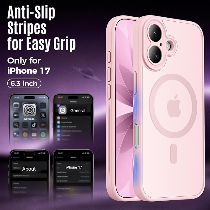 Symcele Designed for iPhone 17 Case, Compatible with MagSafe, [Camera Protection] [15FT Military Droptection] Shockproof Translucent Matte Anti-Slip Phone Case, 6.3", Pink