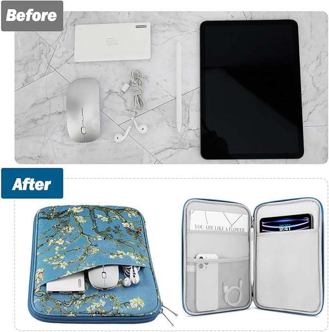 MoKo 9-11 Inch Tablet Sleeve Case, Fits New 11inch iPad Air M4/Pro M5, iPad A16 11", i-Pad 10/9/8/7th/Air 5/4th 10.9"/10.2", Tab S9/S8 11", Protective Bag Carrying Case with Pocket,Apricot Flower