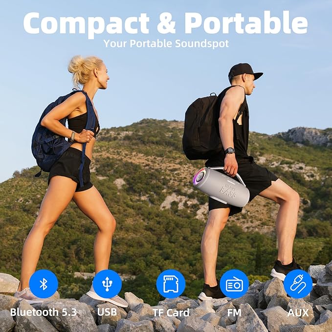 HEAVY BASS Speakers Bluetooth Wireless, 80W Max Loud Portable Speaker with Bass, 20H Playtime, IPX6 Waterproof, Dual Pairing, Gift Ideal for Adults Men Women Teen Boys Girls (Gray, Large)