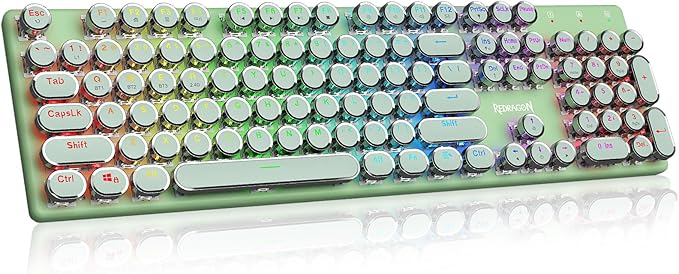 Redragon K710 Wireless Typewriter Mechanical Gaming Keyboard, Bluetooth/2.4Ghz/Wired, RGB Led Backlit, Blue Switch - Clicky, Rechargeable, Solid Metal Panel, Round Keycaps, Green
