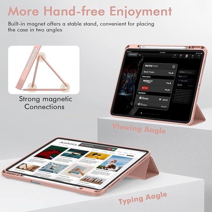 ZryXal New iPad Air 13 Inch Case M3 2025/M2 2024 with Pencil Holder, Trifold Stand Smart Case with Soft TPU Back,Auto Wake/Sleep(Rose Gold)