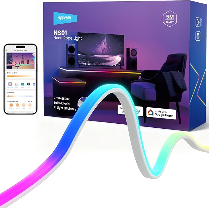 NEEWER 16.4ft/5m LED Strip Lights Front Lit, Smart AI App Control RGB Cuttable Neon Rope Light Color Change for Bedroom Gaming Room Home Indoor Wall Decor, Compatible with Google Assistant Alexa, NS01