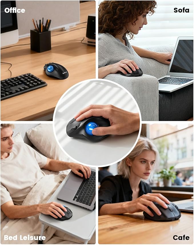 SABLUTE MAM2 Wireless Trackball Mouse with 5-Level DPI, Ergonomic Mouse Wireless 2.4G Plug-and-Play for 3 Devices (Bluetooth or USB Receiver), 500mAh Battery, Compatible with PC/Laptop/Mac-Blue Ball