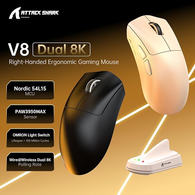 MAMBASNAKE ATTACKSHARK V8 Wireless Ultralight Gaming Mouse with 8K Polling,42000 DPI,Nordic 54L15 MCU Chip,PixArt 3950 Max Sensor-Wired/BT/2.4Ghz,400Hrs Long Battery,Programmable for PC Mac FPS(White)
