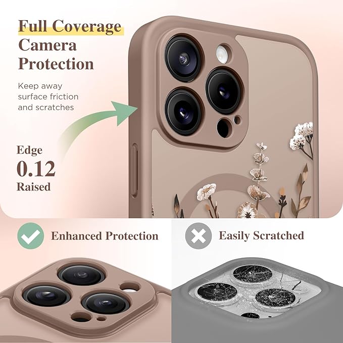 GVIEWIN for iPhone 16 Pro Max Case Compatible with MagSafe, [Military Grade Protection] [Screen Protector] Full Camera Protection Floral Translucent Women Magnetic Phone Case, Floratopia/Brown