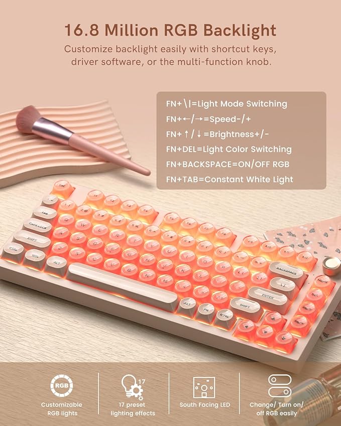 WK75 Wireless Mechanical Keyboard with Knob, 75% Foundation Pink Creamy Keyboard, Hot Swappable, Pre-lubed Switches, Gasket Mount with MOA Profile Jelly Keycaps, RGB Backlit Gaming Keyboards