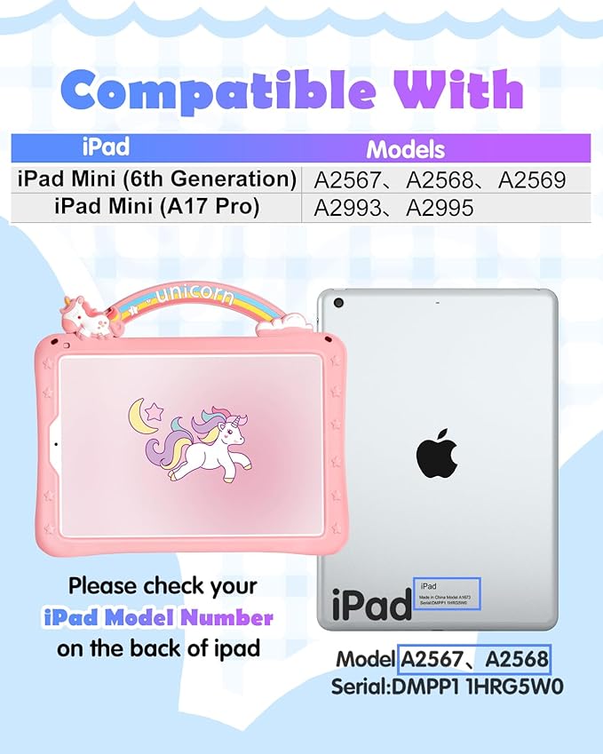 Wazzasoft for iPad mini 7 Case A17 Pro 2024, for iPad mini 6th Generation Case 8.3 Inch Girls Cute Girly Cartoon Kawaii Pretty Design Cover with Stand & Strap Women Teens Funda for Apple Mini 6/Min 7