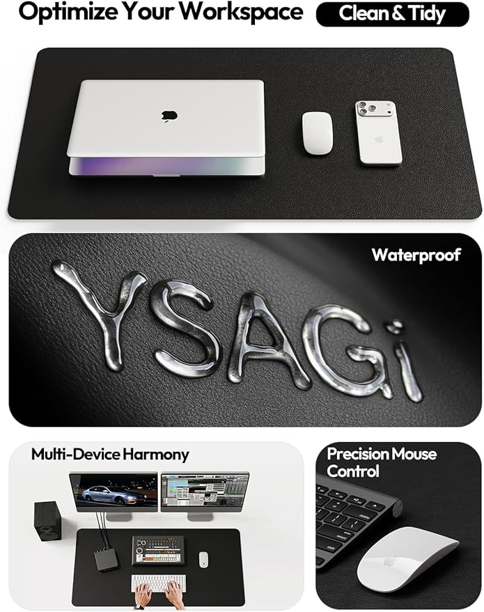 YSAGi Large Extended PU Leather Desk Pad Protector – Non-Slip Waterproof Desk Mat for Office & Home, Easy Clean Mouse Pad & Laptop Writing Blotter 35.4"x17" Black