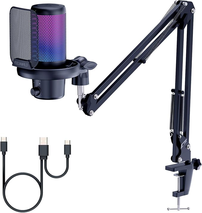 FEELWORLD VM1 Gaming PC USB Microphone Condenser Mic with Noise Cancellation Mute RGB Light, Computer Accessories Gifts for Gamer YouTube Twitch Podcast Streaming Recording Online Chat PS4 PS5