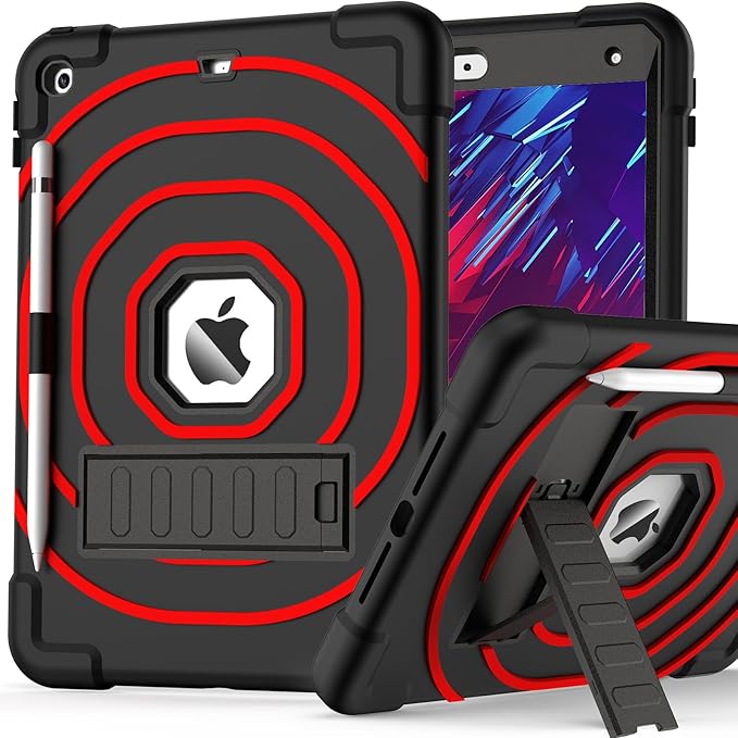 SIBEITU for iPad 9th Generation Case 10.2-inch 2021 with Pencil Holder & Built-in Kickstand, Heavy Duty Rugged Protective Case for iPad 9th/ 8th/ 7th Generation 2021 2020 2019 (Black+Red)