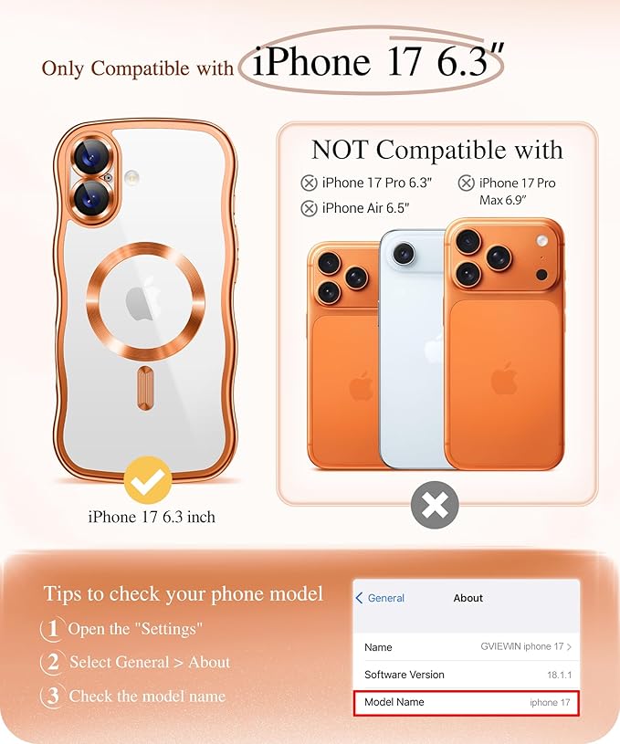 GVIEWIN for iPhone 17 Case Compatible with MagSafe, Upgraded [Full Camera Protection][Cute Wave Frame][Military Grade Protection] Electroplated Hard Phone Cover for Women Girl, Clear/Orange