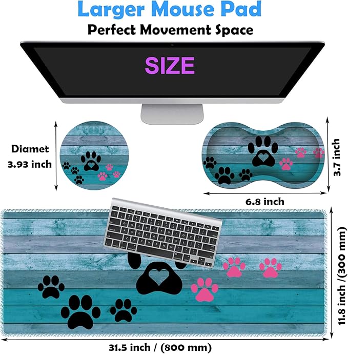 3 Piece Mouse Pad Set with Stitched Edge Large Anti-Slip Mouse Pad Desk Pad Keyboard Pad + Wrist Rest Pad + Coaster, Memory Foam Wrist Rest for Office/Home - Black and Pink Dog Paw Prints