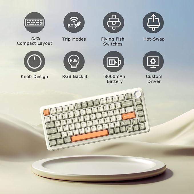 AK820 Max Tri-Mode Mechanical Keyboard, 2.4G Wireless/Bluetooth/USB-C, 75% 82Key Compact Layout, 8000mAh Battery, Hot-Swappable Gasket Mount, PBT Keycaps, RGB Backlit, Metal Knob (Fish Switch, Grey)