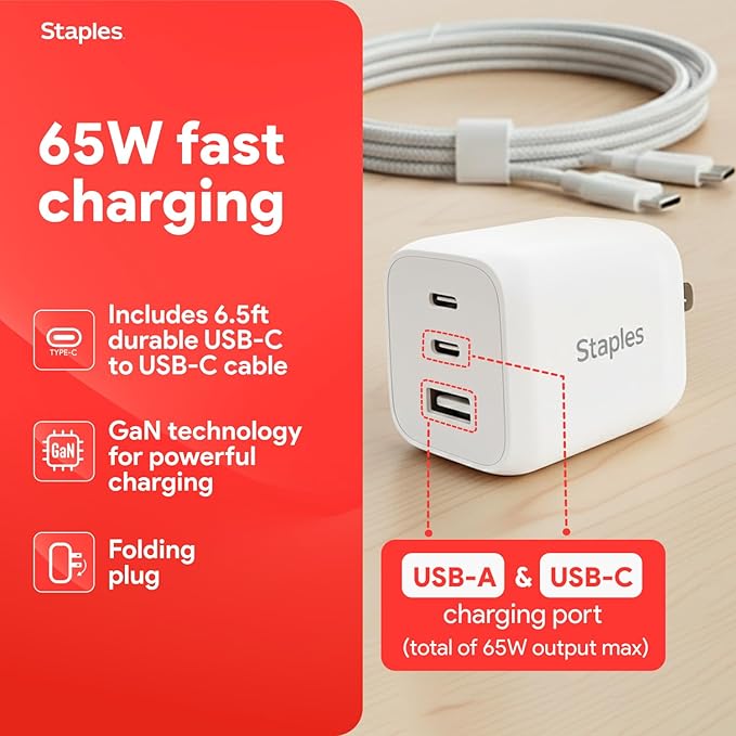 Staples TECH GaN Wall Charger, 65W – USB‑A & USB‑C Fast Charging, Includes Charging Cable, Compact Power Adapter for iPhone, Samsung, iPad & USB‑C Devices